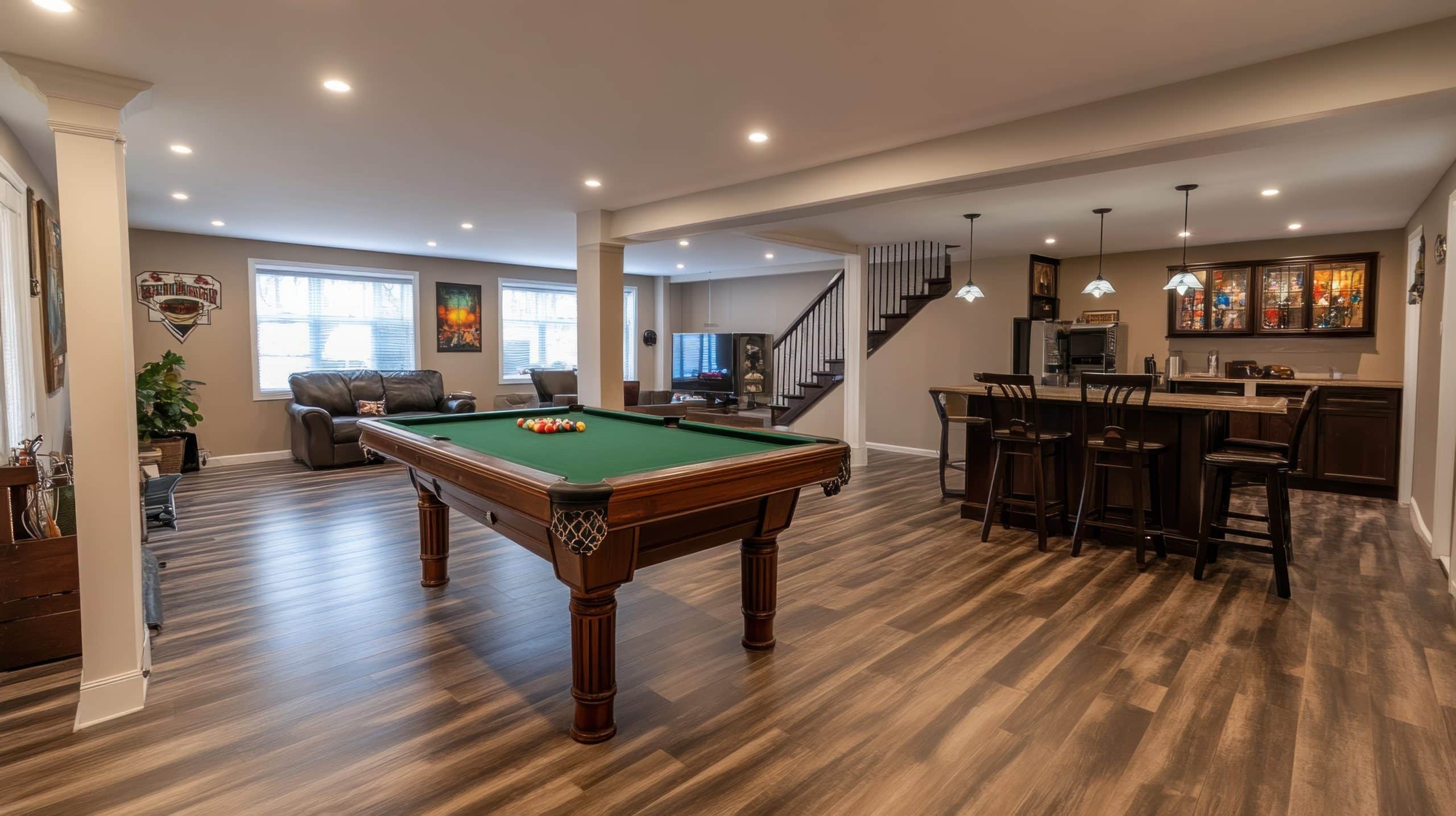 Finished Basement with Bar and Pool Table